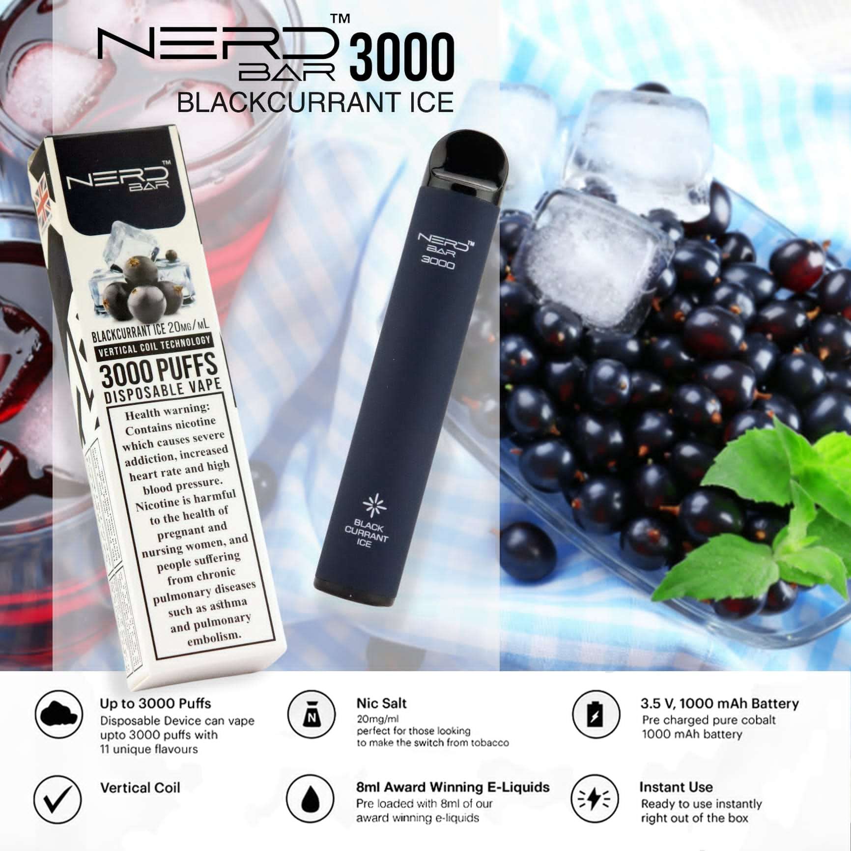 Nerd Bar 3000 Puffs Disposable Pod Vape Blackcurrant Ice Flavour