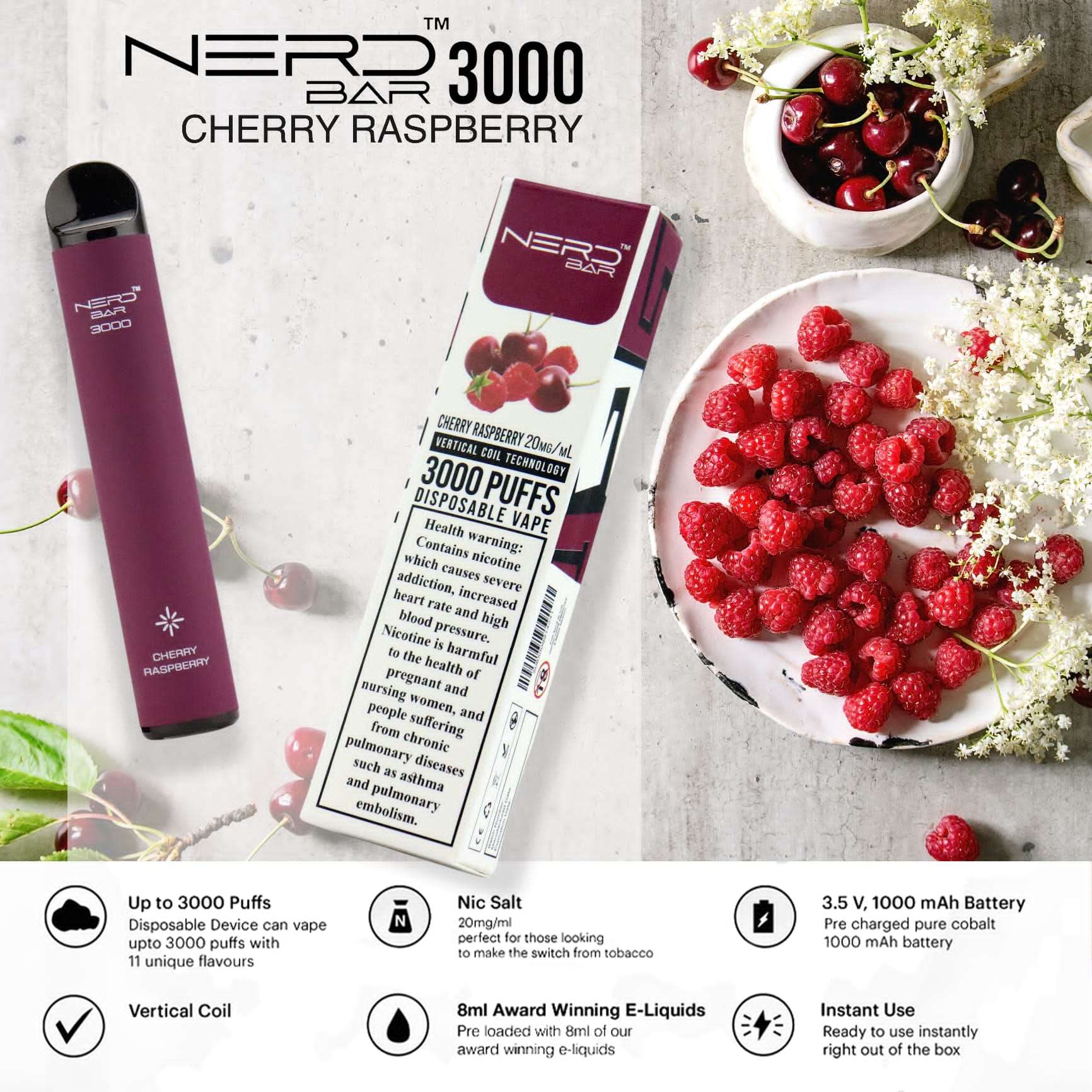 Nerd Bar 3000 Puffs Disposable Pod Vape Cherry Raspberry Flavour