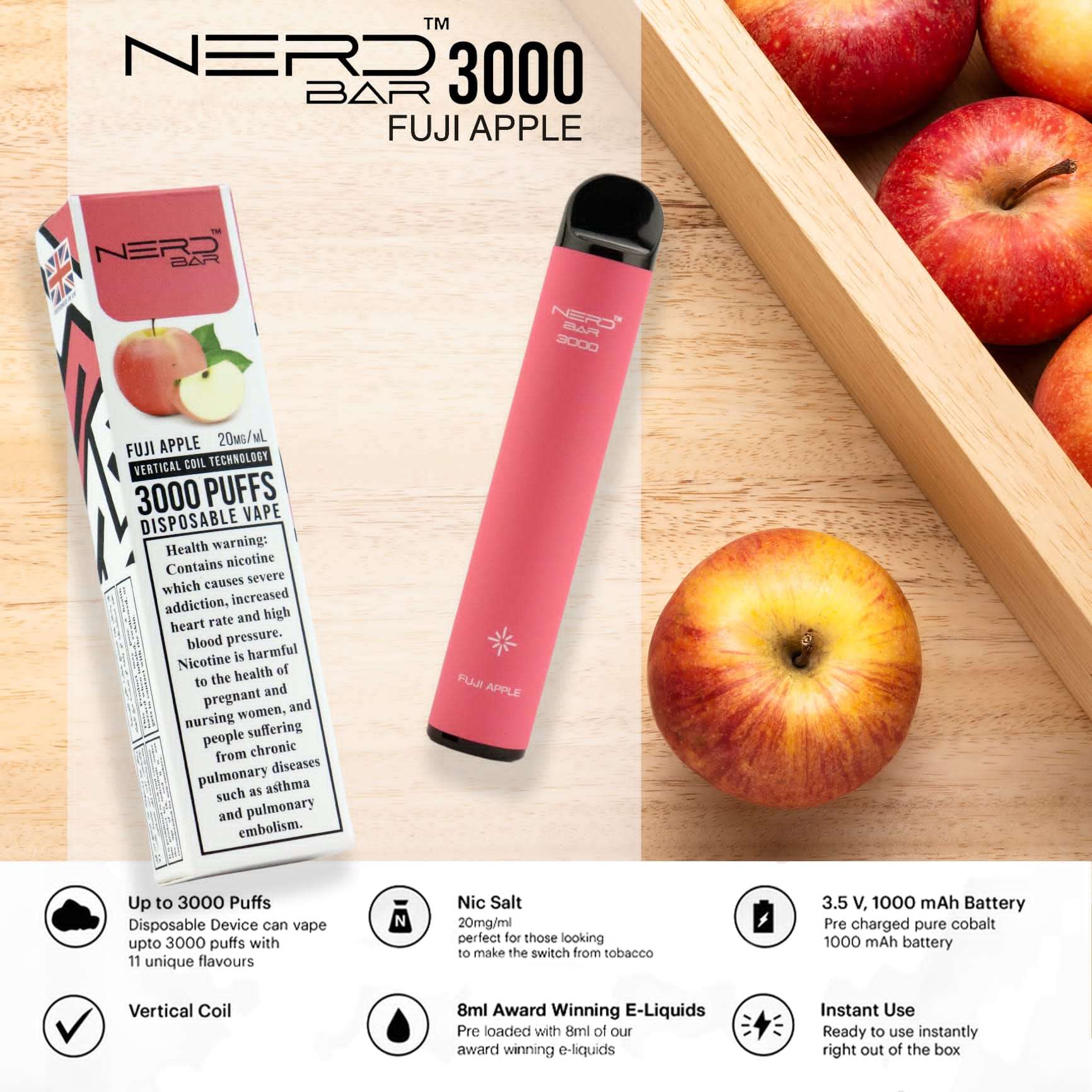 Nerd Bar 3000 Puffs Disposable Pod Vape Fuji Apple Flavour
