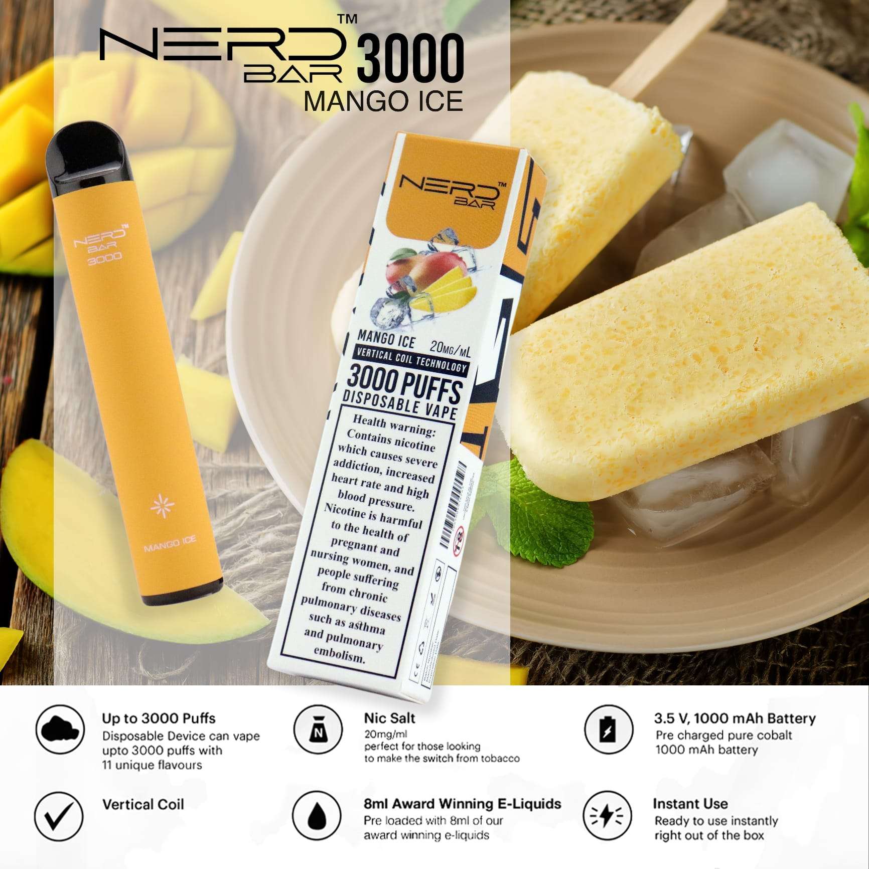 Nerd Bar 3000 Puffs Disposable Pod Vape Mango Ice Flavour
