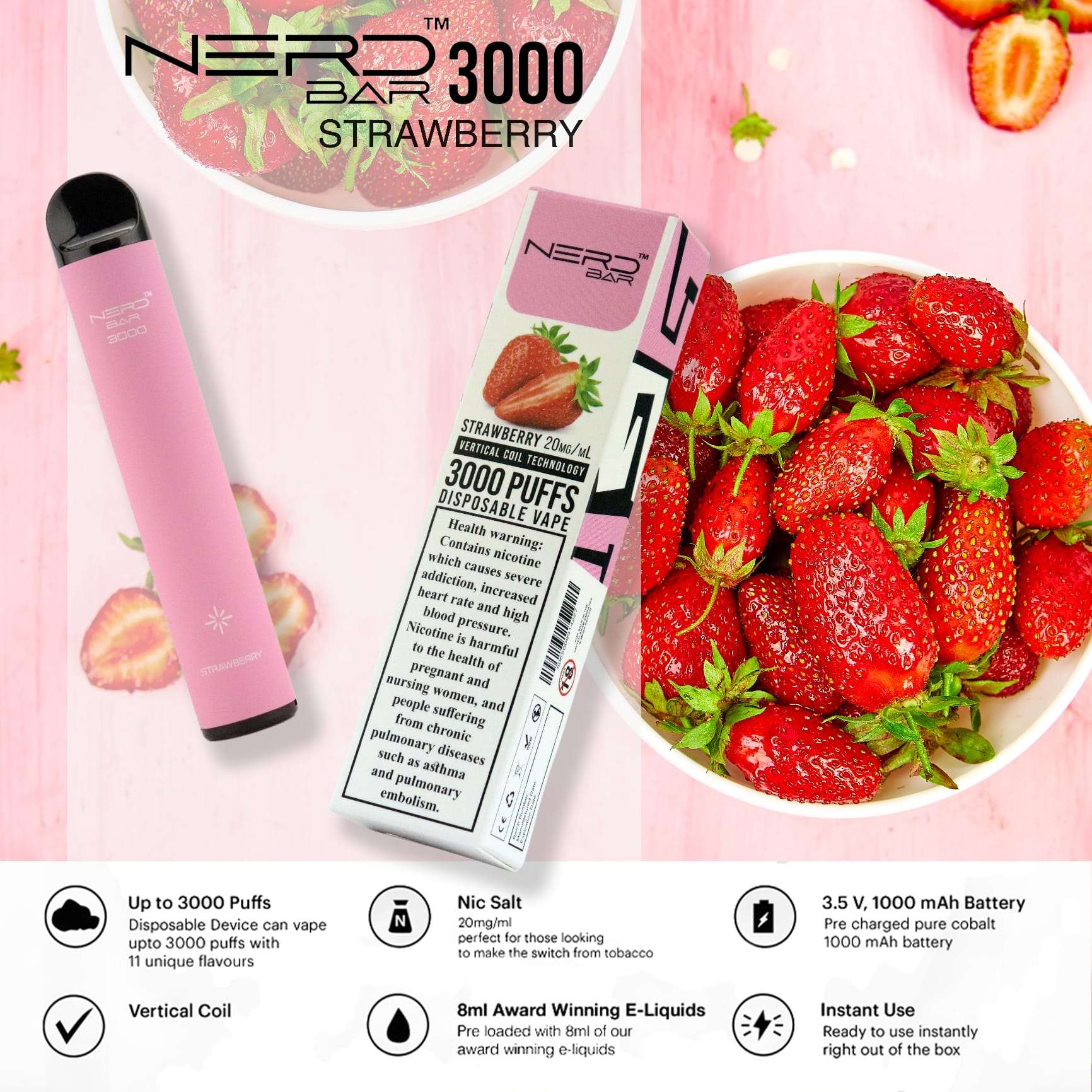 Nerd Bar 3000 Puffs Disposable Pod Vape Strawberry Flavour.