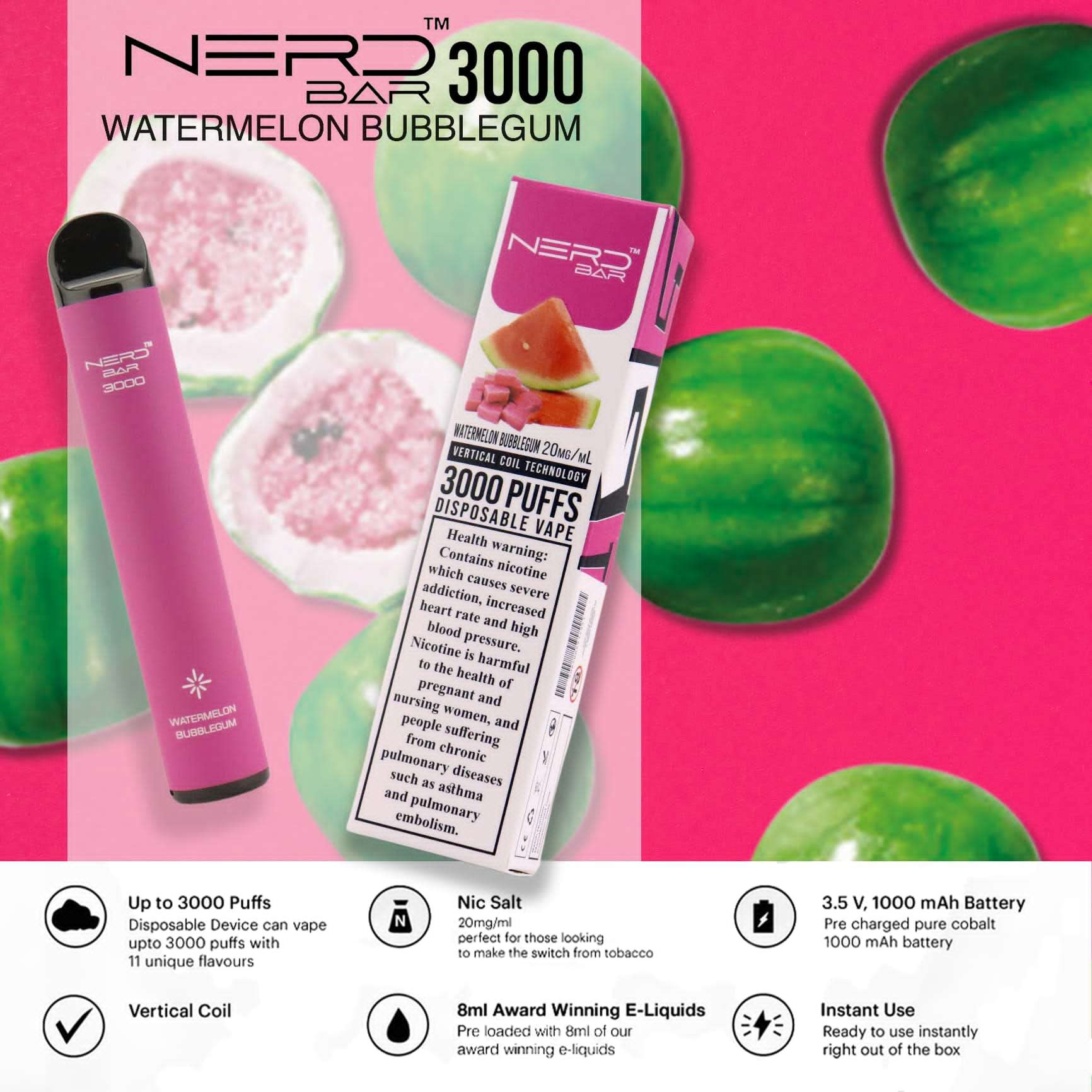 Nerd Bar 3000 Puffs Disposable Pod Vape Watermelon Bubblegum Flavour